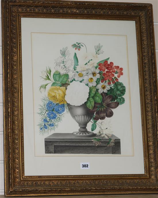 19th century English School Still life of flowers in a vase on a ledge 44 x 35cm